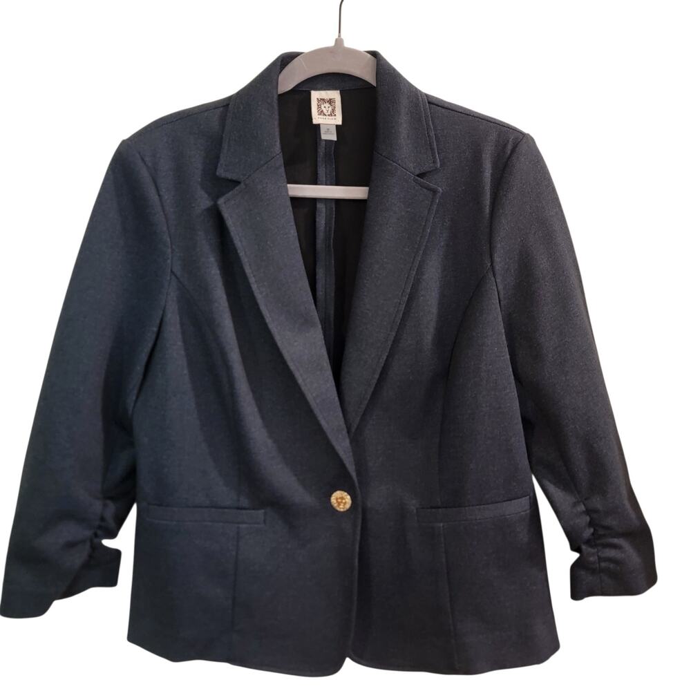 Anne Klein Women's Charcoal Black Ruched Sleeve Blazer Gold Lion Button Size M